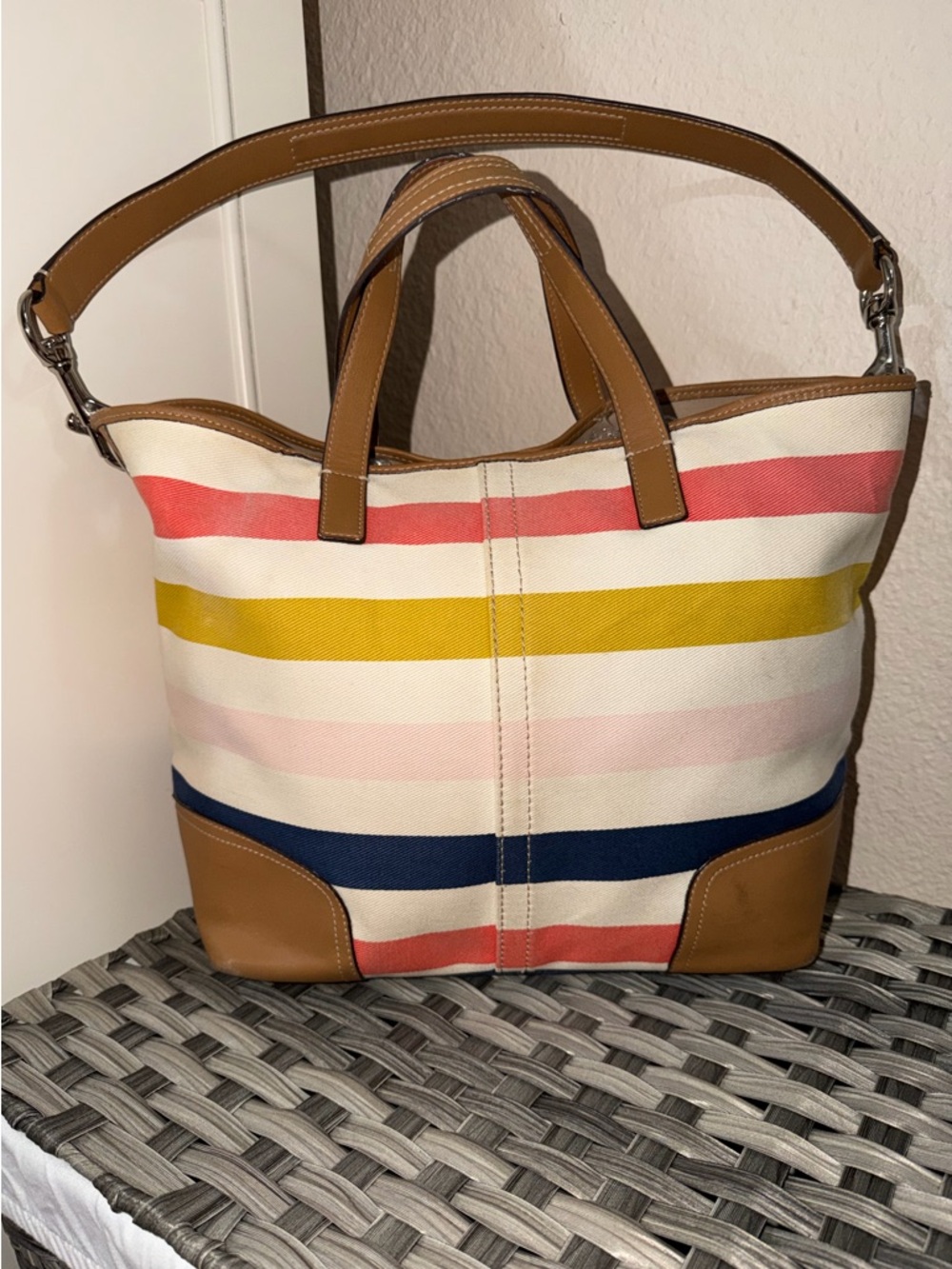 Coach Striped Canvas Tote in Coral, Mustard, Navy & Pink with Tan Leather F30041 - Picture 4 of 16